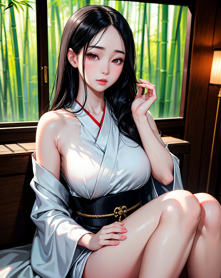"Ono no Komachi, her long, black hair spread out like a dark waterfall, is lying on a luxurious futon in a traditional Japanese bedroom. She is dressed in a loose, silk robe, slightly open at the neckline, revealing her delicate collarbones. Her expression is one of calm and contentment as she reads a scroll or book by the soft light of a nearby paper lantern. The room is decorated with subtle elegance, featuring delicate screens and sliding doors painted with serene landscapes. The overall scene is intimate and tranquil, highlighting her serene beauty and the comfort of her surroundings.""(((Female genitalia))),((( pubic hair))),(((naked))),(((spread legs)))