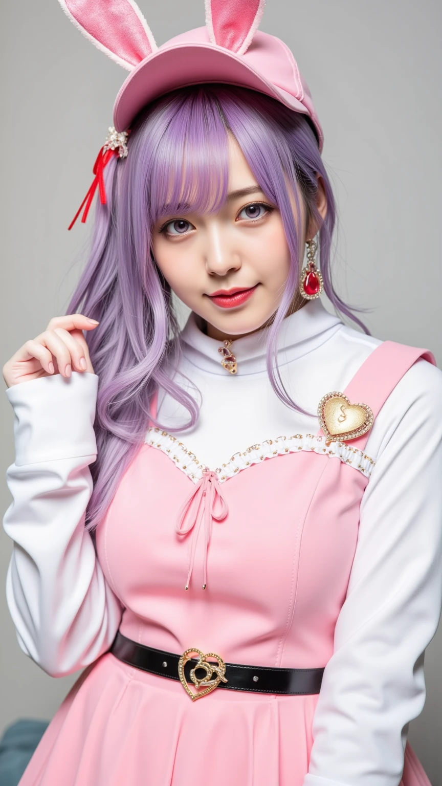 Anime style of a cat girl with white hair with a pink bow and with a heart on her face and with a pink shirt and with shorts and a cat tail