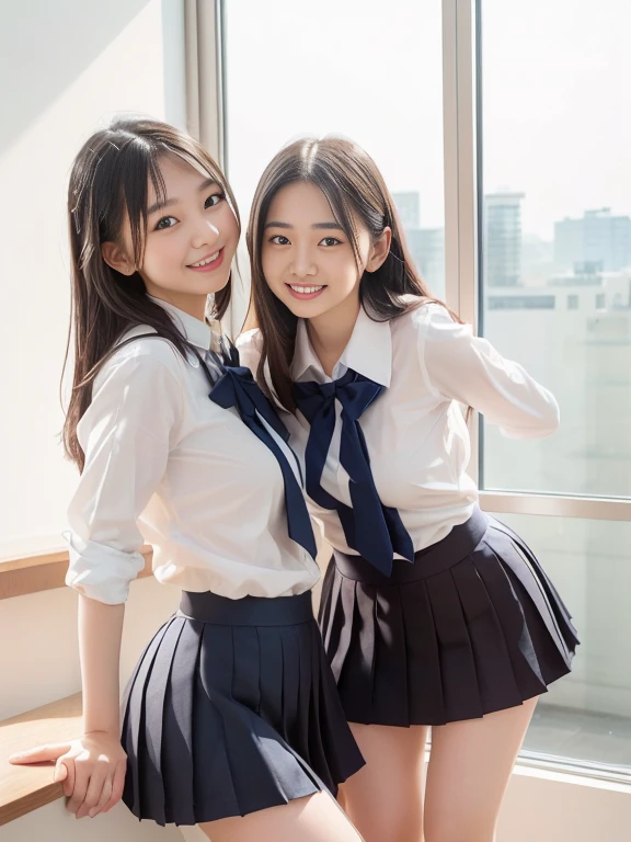 (2girl), (round eyes:1.2), (highly detailed face and eyes), (big smile), (school uniform, pleated skirt:1.3), summer, (Best Quality:1.4), (Ultra-detailed), (extremely detailed CG unified 8k wallpaper), Highly detailed, High-definition raw color photos, Professional Photography, Realistic portrait, indoors, (cute wallpapers), (Surrounded by lots of cute fresh flowers:1.3), depth of fields, (fine face:1.2),