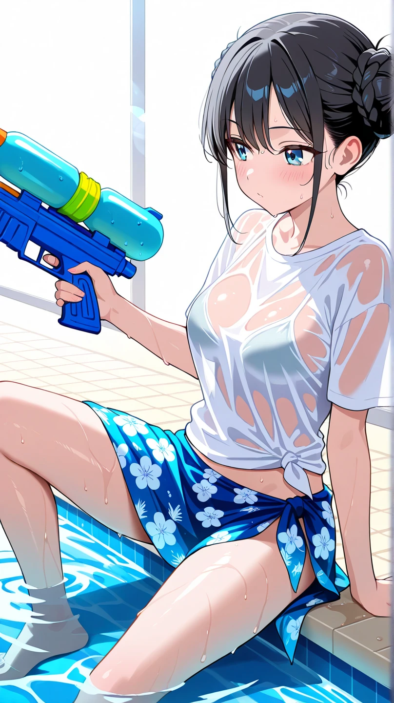 Highest quality、masterpiece、beautiful、detailed、Year: 12、Black hair twin-tailed female elementary school student、beach、Pouring sunlight、Dynamic pose、Spraying water with a water gun、Angle from below、smile、Slim figure、(Wet and see-through clothing:1.2)、covered erectile nipples、camisole、Striped underwear、(cameltoe:0.8)
