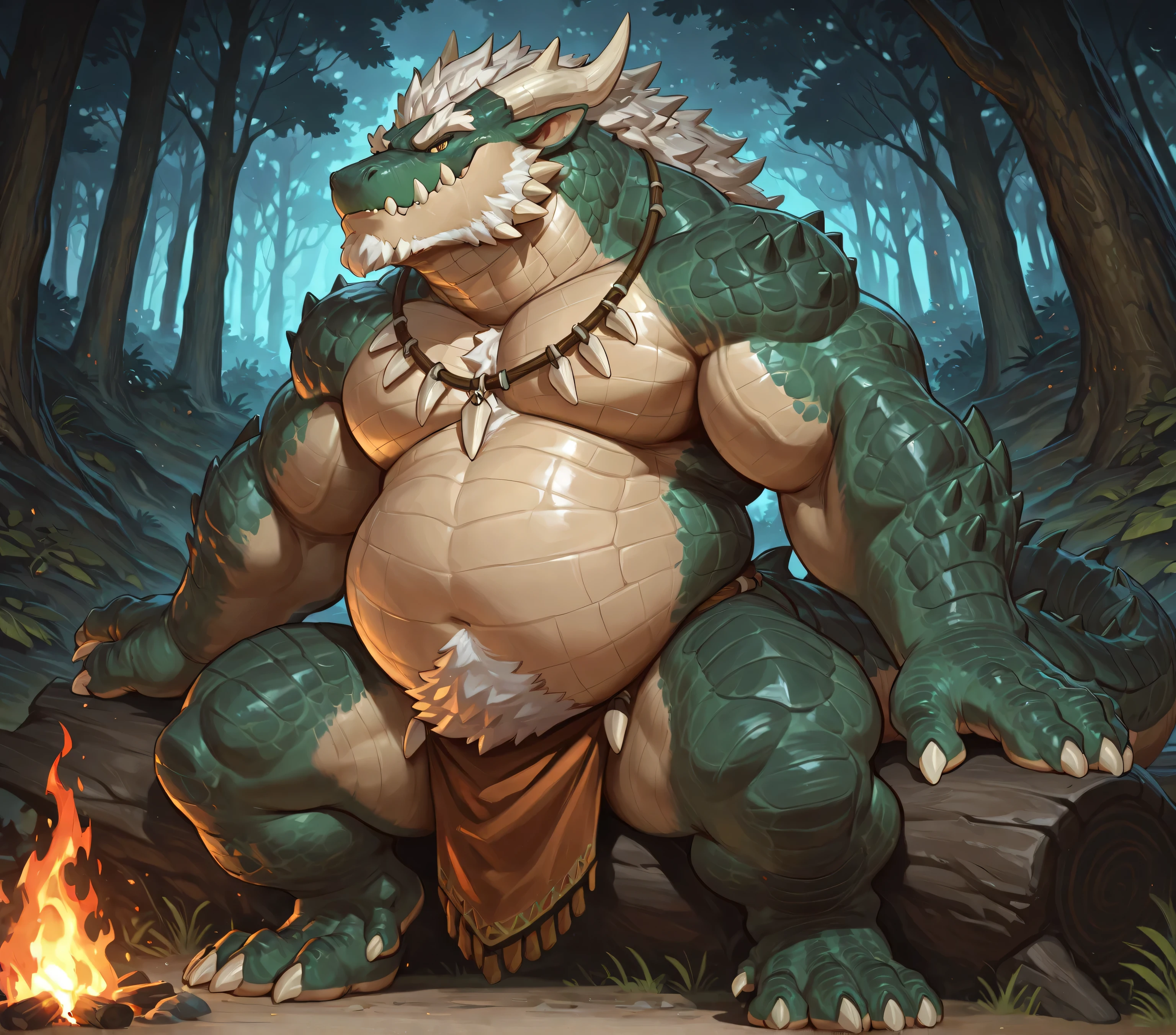 ultra detailed), a beautiful and detailed full size portrait of a male t rex, dinosaur, reptile, ((orange body, yellow skin, muscular anthro, buff, big pecs, fat, obese, scar)), non-mammal breasts, close up view, front view, big body, sexy body, goddess, wide hips, kenket, Ross Tran,ruan jia, trending on artstation,foxovh, cenematic lighting, high angle view, (((loincloth, crotch apron, big balls, standing, seductive, smile, teeths)), looking at viewer, detailed forest background,