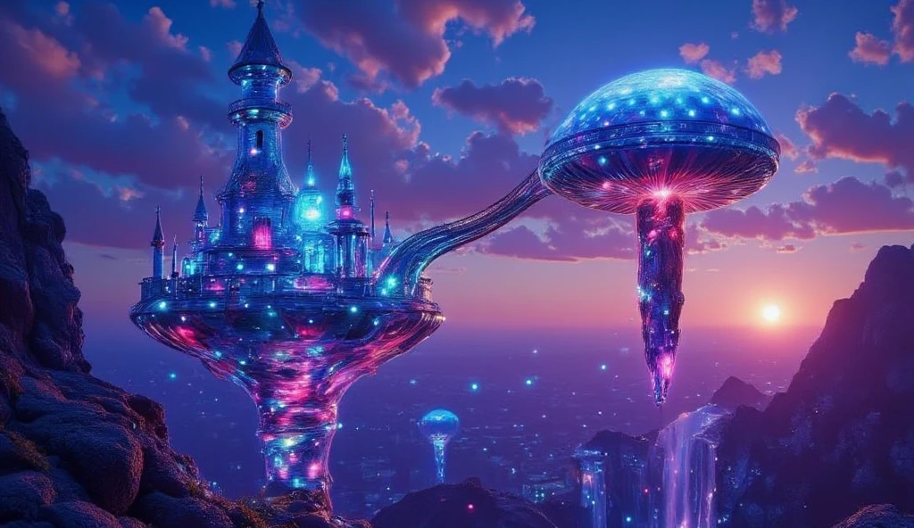 Surreal floating alien castles in a twilight sky realm, twin suns glowing behind gravity-defying towers, electric blue highlights and glowing red cores, wheat-toned stone bridges twisting into the air, inspired by H.R. Giger and Roger Dean, magical realism meets sci-fi, digital oil painting, cinematic landscape, 8k ultra-detail, trending on ArtStation