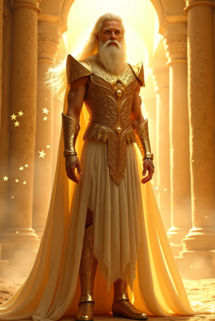 Best Quality, CG Unit, masterpiece, Hyperrealistic image of an extremely handsome and tall 30 year old man., dressed as a holy fantasy cleric in transparent white robes, exposed chest, holding a majestic sacred staff, open arms, ((Golden magic particles)), ((golden locks surround it)), perfection, absurdly elaborate fantasy shoulders, Whole body, fill the frame, Very detailed, intricate details, sharp focus, dynamic lighting, dynamic shadows, (((without watermark)))