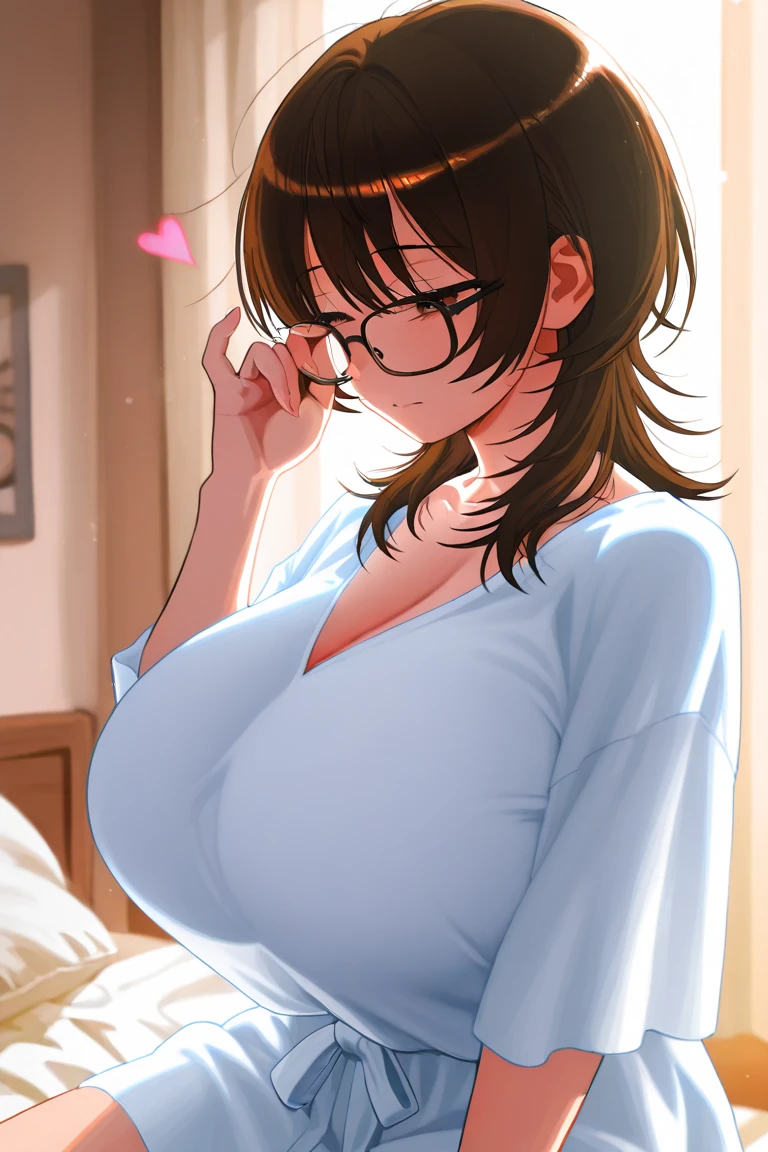NSFW、1人の女性、brown haired(Curta)、Brown eyes、Black-rimmed glasses、 Best Quality、ultra-detailliert、8K resolution、Raw photo、seductive boobs、gorgeous faces、Perfect body、a bed、fullnude、Put your hands on your chest