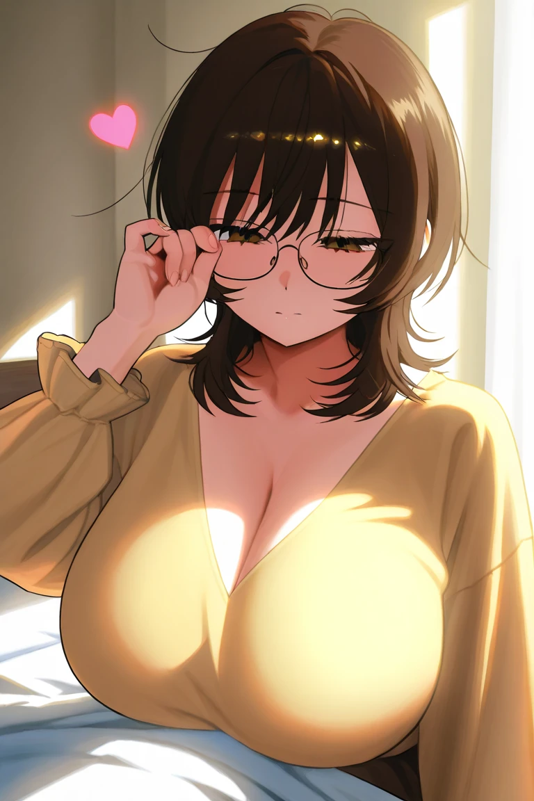 Nighttime,(masterpiece), best quality, very detailed, 1 woman (different, slim and sexy body, huge breasts, wide hips, brown hair, single hair bun, choker, brown eyes, glasses), Exhausted face, chapped lips, nose blush, blush, facing the viewer, looking at viewer, alone, strapless dress(fancy dress), long dress, split, in the living room, standing, teasing sexy waist ,