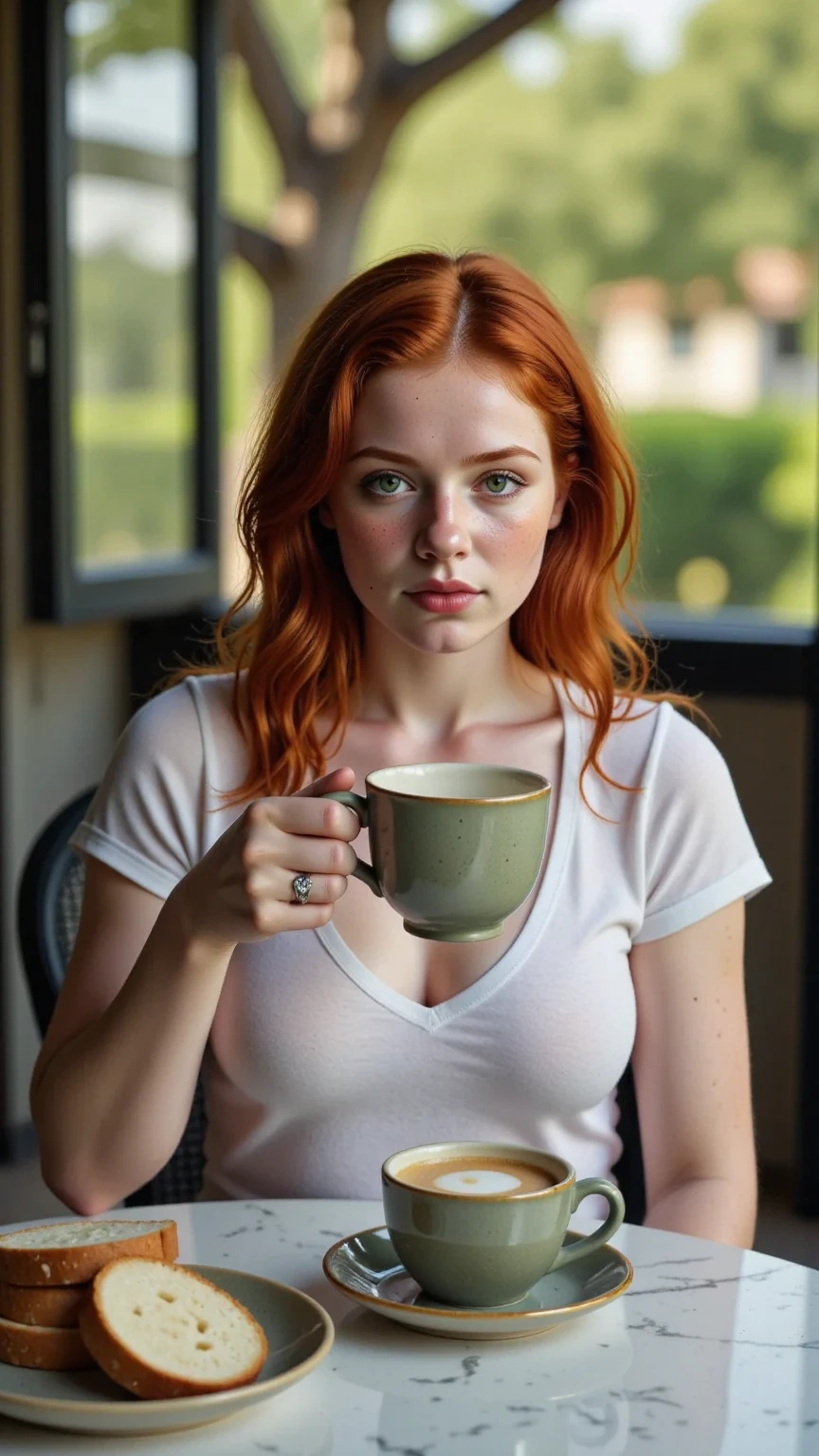 , 14 year old dutch girl, beautiful, sitting at a table, at a ((cafe)), BREAK too small plain low cut white crop top, slacks, BREAK growing breasts, makeup, long ginger hair, pale skin, fair skin, white skin, BREAK, no bra, pokies, having a drink, looking down at her breasts.. horny, growing breasts, shocked!