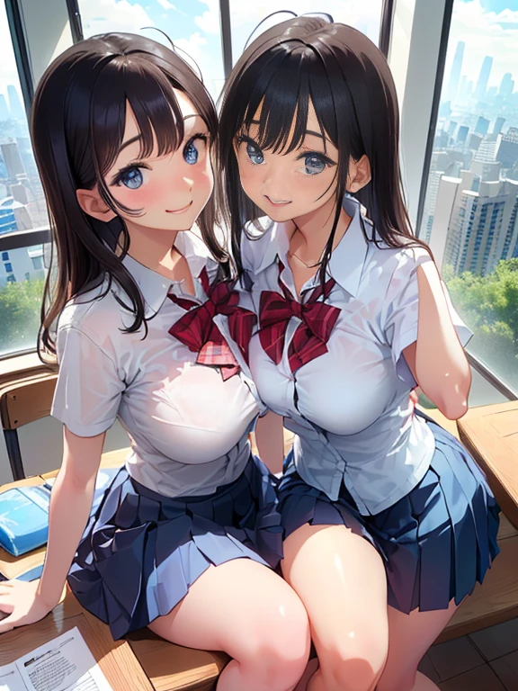 Highest quality、High resolution、Detailed Background、(Beautiful face in every detail:1.4)、Anatomically correct、(Detailed facial expressions)、
Teenage beauty、(Highly detailed face:1.2)、(Huge breasts:1.2)、cute hair color、Bobcut、ponytail、cute hairstyle、Attractive Big Butt、Perfect body line、well-groomed eyebrows、cute gesture、

(Two beautiful girls sitting at a desk in a classroom with big smiles:1.5)、

Navy blue sailor suit、White sailor collar、Pleated mini skirt、White Stockings、
Under the skirt、Under the skirt、(close-up underwear From below)、From below、Are standing、
Butt、Panty shot、(underboob:1.3)、(Panty Shot:1.3)、cute