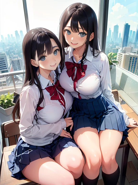 2 heads, a short chubby woman with 2 heads. Outside in the autumn, at a university. Enormous breasts. Schoolgirl attire. Miniskirt. Thigh-high socks. Young. Happy. Flirty. Seductive. Enormous breasts. Giant erect nipples. Massive breasts. Enormous boobs. Short.