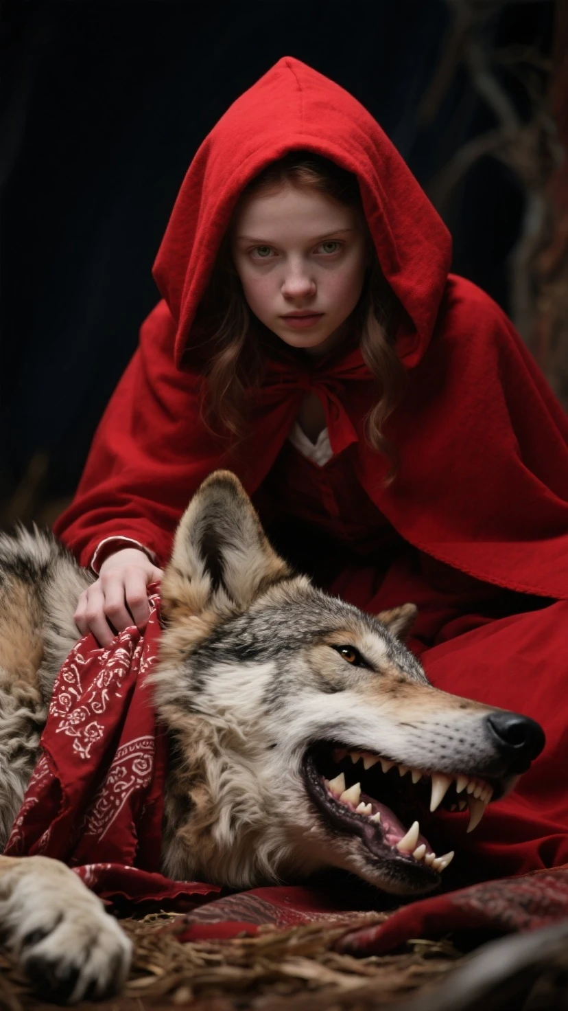 High-contrast photo of a beautiful 23-year-old Russian woman as Red Riding Hood, with long auburn hair and piercing blue eyes, entering a dimly lit bedroom with a mix of fear and curiosity on her face, holding a wicker basket, full body framing, confronting an anthropomorphic wolf poorly disguised as her grandmother in bed, wearing a nightcap and comically oversized glasses, in a rustic cabin interior, dramatic chiaroscuro lighting emphasizing shadows, shot from a slightly low angle, on a Canon EOS R5 with a 24mm wide-angle lens for a sense of unease, (film noir aesthetic:1.3), in the style of (Gregory Crewdson:1.4) meets (Tim Burton:1.2)