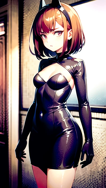 Girl, peach, short hair,tempting medium-sized breasts,nude ,nipple, pussy ,hand beside hip ,facing the camera,standing,yellow eye,visible pussy ,face look at the camera, latex body 