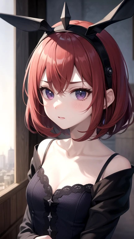 (masterpiece, best quality:1.5), (ultra detailed, high resolution, 8k, beautiful detailed, UHD, best anatomy), red bob cut hair, medium breasts, 1 cute small girl, thin white Gothic Lolita, from above, upturned eyes, One eye color is different from the other