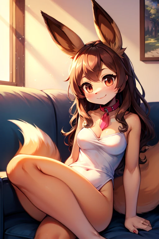 alone, score_9,score_8_up,score_7_up, anthro female eevee, open jacket, white bra, white panties, indoors, smirk.