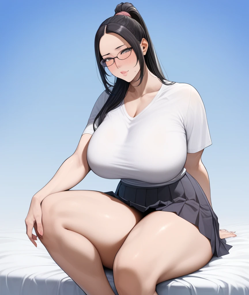 Best quality, 12K, Nico robin, one piece, black hair, blue eyes, forehead, hair slicked back, eyewear on head, topless, hairy pussy,massive breasts, wide hips, thick thighs, sexy.
