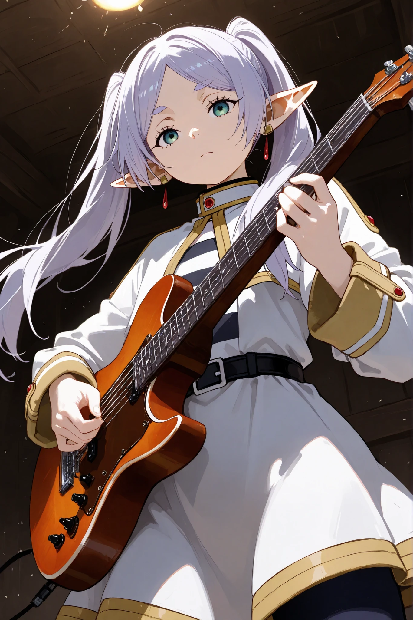 1girl\(frieren\),(dynamic pose:0.25),style 748cm,masterpiece,best,playing guitar,quality,8k,high resolution,ultra-detailed,HDR,UHD,professional,vivid colors
