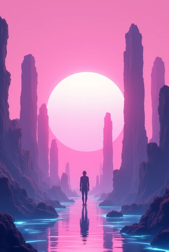 A world full of vaporwave architecture with futuristic and dreamy view that looks not real the sky is pink and purple the landscape is holographic colors and there is a person standing there looking at the view from a distance 