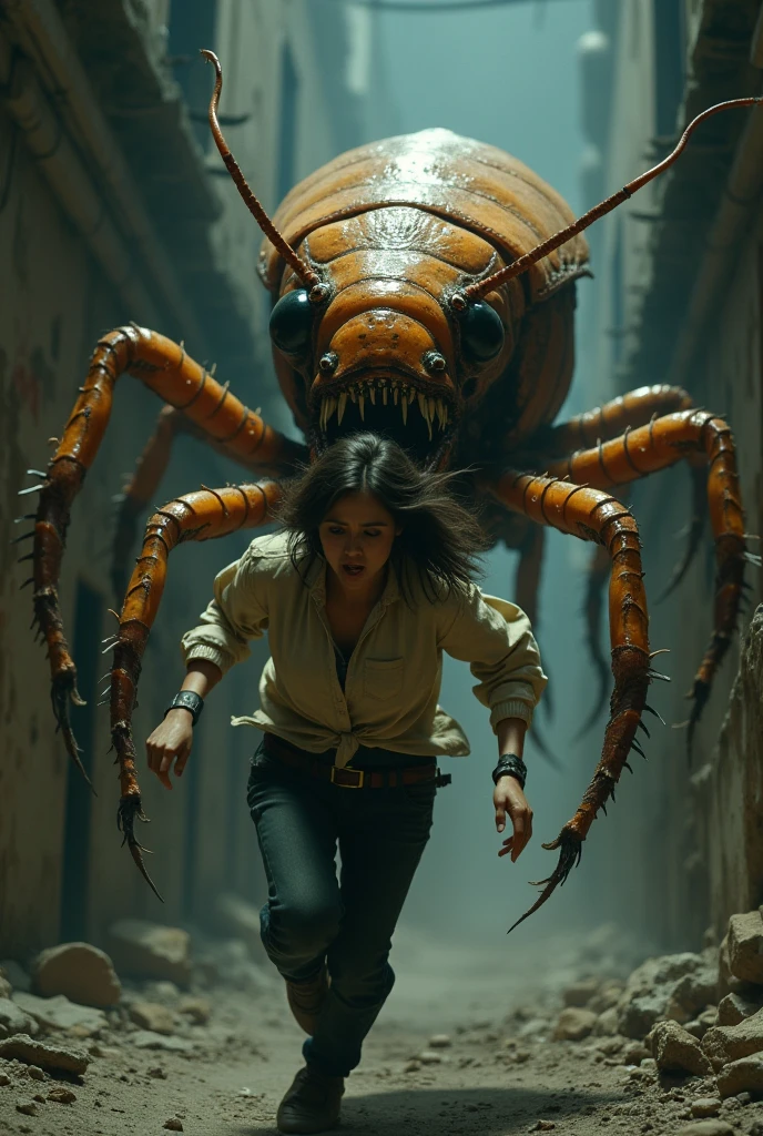 a giant mutant cockroach attacking a woman in a post-apocalyptic environment. intricate light