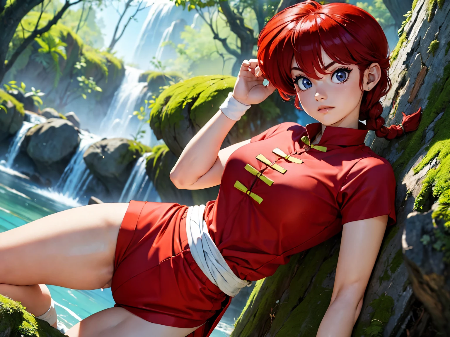 Garota anime sexly com cabelo ruivo com trança curta com kimono de luta vermelho e faixa na testa estilo naruto, 15year old, fluffy body, fluffy breasts, pose de luata, combat stance, garota sexly, red hair and braid, locks of hair on the side of the face, beautiful lighting, softshadows, blue colored eyes, pretty legs, legs spread open, short-hair, anime styling, ranma chan, Autora Rumiko Takahashi, Based on a work by Rumiko Takahashi, Anime Ranma 1/ 2,  sexly, robust hip, fully body, busto sexly, young man with beautiful and beautiful body, boots on feet, garota de 15year old jovem baixa estatura, wearing martial arts kimono and headband over forehead, anime girl, anime styling, plein-air, postura sexly, body in fighting stance, eyes large