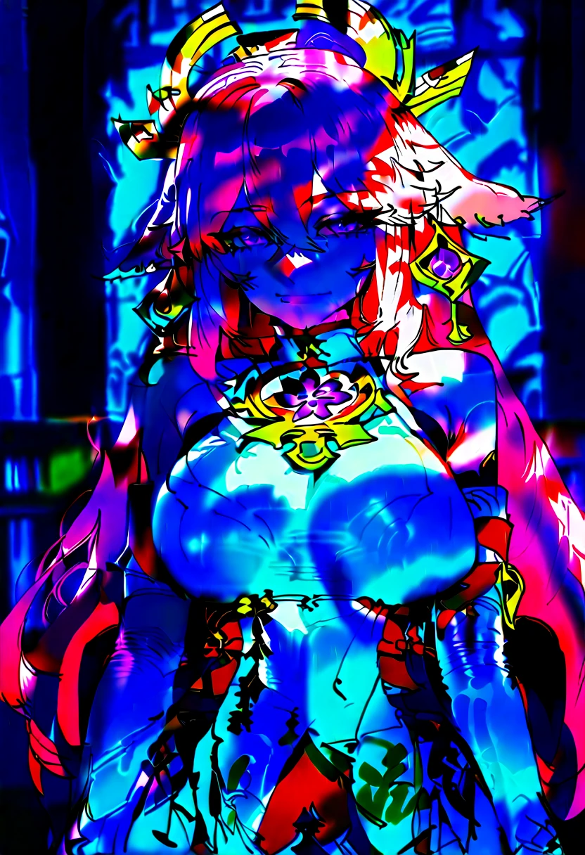 (Masterpiece, Best Quality, Ultra High Resolution),2girls,((colored skin, one red skin , the other blue skin)), beautiful and detailed face, detailed eyes,rock punk fashion,horns,demon girl, big breasts , loving expression , bedroom in the background