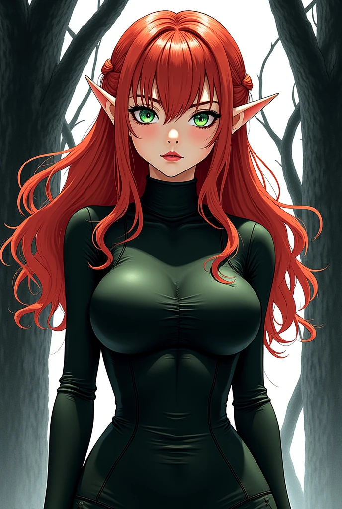 A stunningly realistic dark fantasy portrait of a tall, leggy red-haired woman with a chiseled abs, small waist, large emerald green eyes, and plump lips. She stands confidently, her body displayed in all its glory. The background is a mix of dark, brooding colors, with some ethereal elements, creating an atmospheric and mysterious setting. The overall tone of the image is a blend of beauty, power, and darkness., dark fantasy, portrait photography, painting, bien jugosita, la quiero en 4 totalmente desnuda