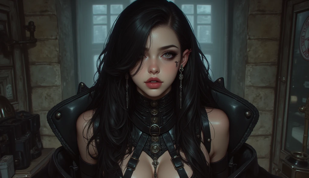 realistic 18 year old gothic vampire girl, with a cyberpunk background, long leather pencil skirt, leather corset, medium breasts, black lips, green eyes, medium eyelashes, medium nose, medium ears, thick eyebrows, long blck hair, looks silly away, natural skin, moles on skin, (cinematic, film grain: 1.1) smile, dynamic body posture, full body, + cinematic darkness, chiaroscuro, contrasted, ma(:0)disyn s(:0)hipman, all prologue, continuation, youth body, at the French Riviera film festival, corporate punk, wrapped, surreal, high quality photography , 3-point lighting, flash with softbox, 4k, leica m6, hp5 plus, sharp focus, high resolution, award-winning photography, medium photo grain, 50mm, f2.8, depth of field