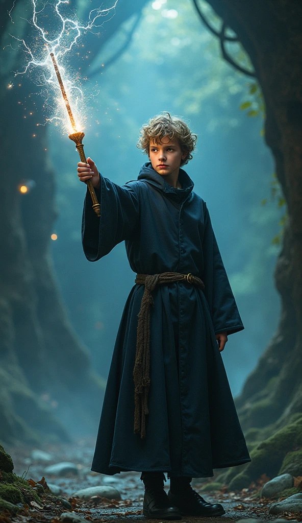 A handsome 1 boy wearing a black cloak, blonde hair, holding a 10-inch long wand in Hogwarts School.