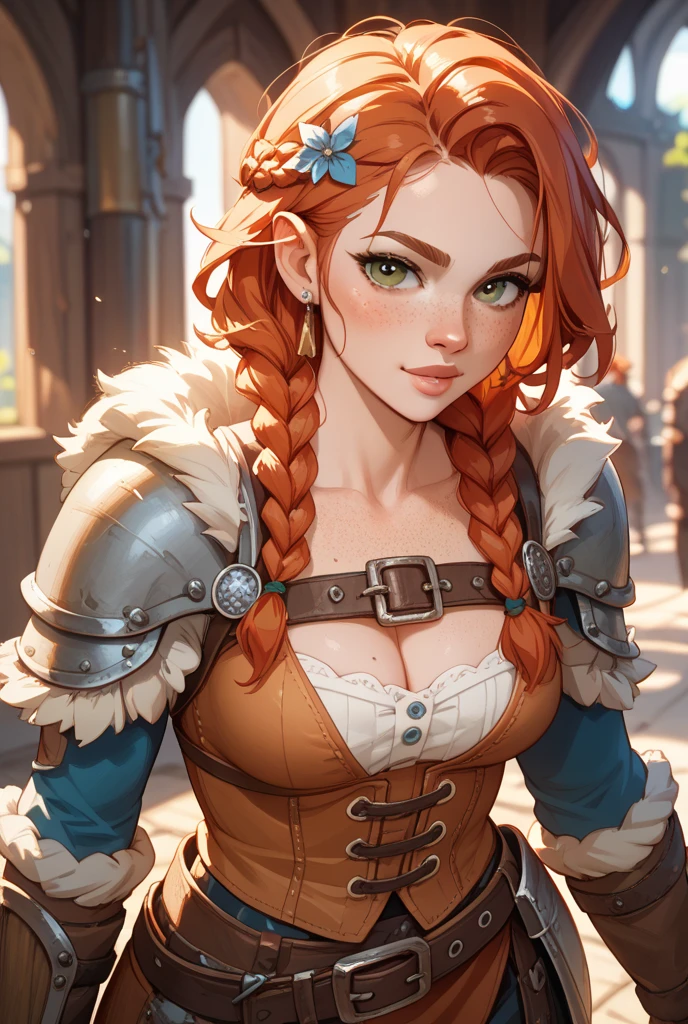 ((best quality)), ((masterpiece)), (detailed), (best qualityer,high resolution,work of art:1.2), (realisitic:1.2), analog photo style, Nordic warrior woman, fantasy snow scenery, braided red hair, whole body, soft natural light, cute and sexy, pleasure, detailed face and blue eyes, great quality, work of art, northern detailed background, 16k quality, CRU photo