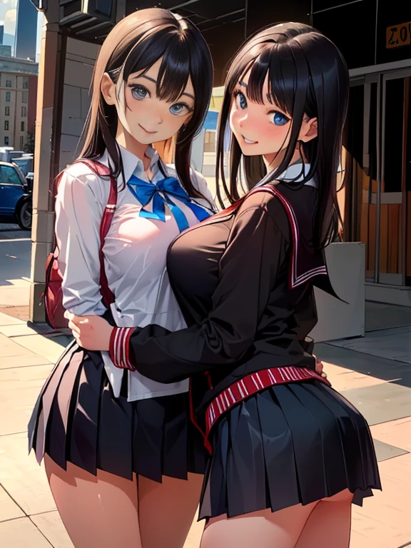 ,(shiny black hair),(bright blue eyes),(pink lips),(school uniforms),(knee-high socks),(smiling faces),(cheerful expressions),(standing in a row),(blurred background),(sunny day),(soft lighting),(vivid colors),(sharp details),(fine lines),(realistic skin texture),(youthful appearance),(friendly demeanor),(dynamic poses),(playful atmosphere),(giggling),(confident stature)
