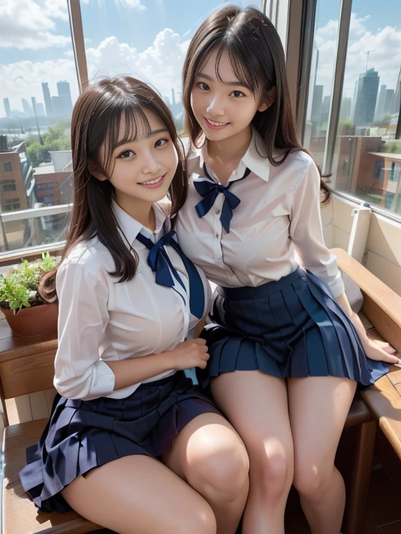 Highest quality、masterpiece、、Very detailed、Realistic、(Young face:1.4)、(Looks like an elementary school kid:1.4)、(Two Girls)、(Looking at me with a mischievous smile)、whole body、Small face、Narrow shoulders、(Flat Chest:1.2)、Thin and beautiful legs、Tight and slim waist、(Waitress uniform with buttons and collar:1.2)、(Light blue plaid mini skirt:1.1)、Short Hair、(Erect nipples:1.1)、apron、restaurant、(Leaning forward:1.3)
