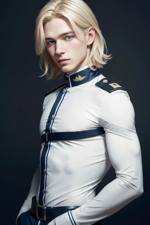 Portrait of a 18 year old young man, napoleon clothes, blushing, hazel hair, shirtless, show torso, show pecs, French military uniform, underpants, handsome supermodel, Greek profile, Greek face, strong jaw, white skin, extremely pale skin, attractive boy, blonde boy, cinematographic, best quality, sharpness, focus on the boy, anatomical perfection, golden ratio, open legs, commercial,, perfect anatomy, perfect symmetry, facial symmetry, body symmetry, trench coat, blue trench coat, jacket, military jacket, underpants, beautiful face, beautiful boy