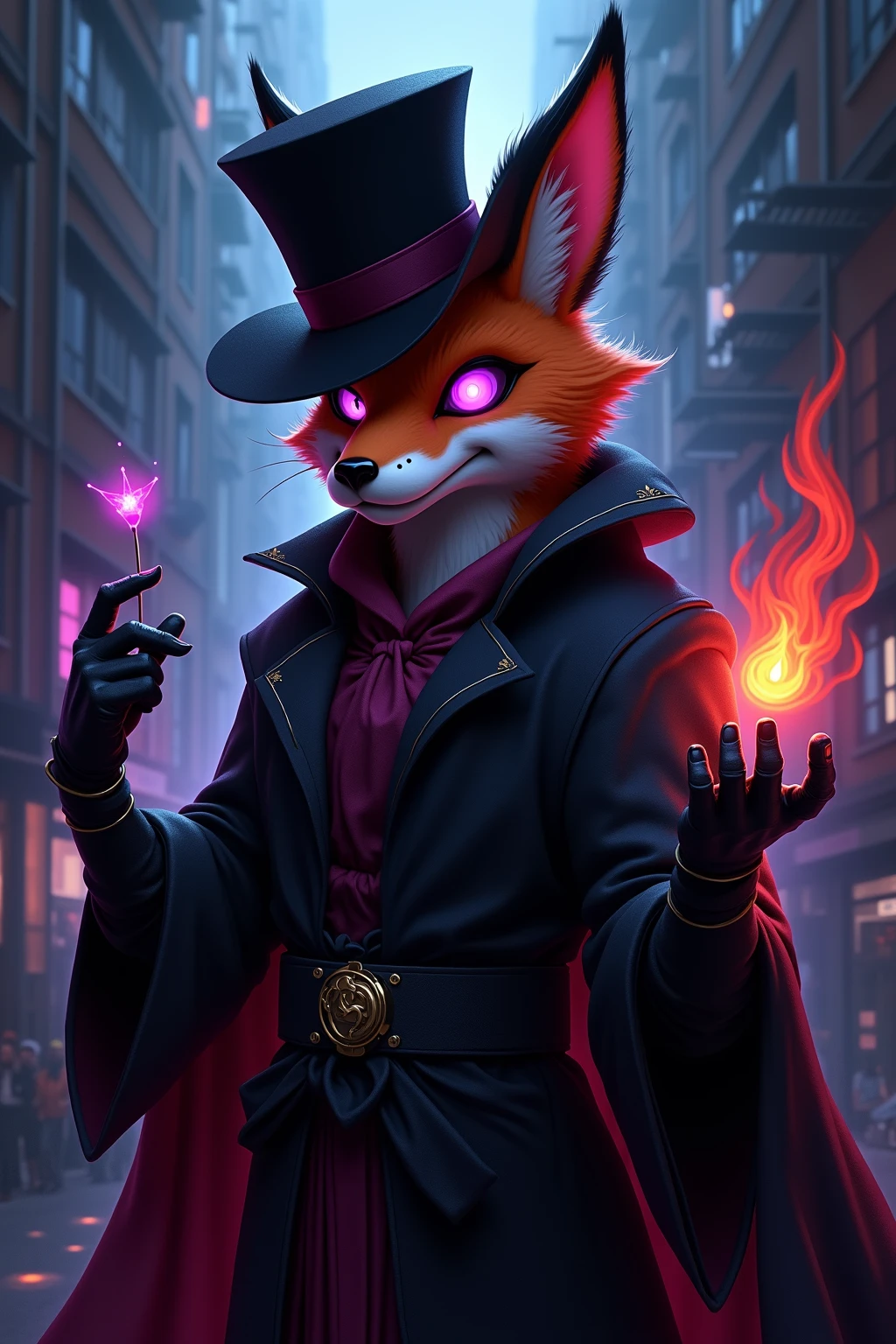 (masterpiece , best quality, high resolution, ultra detailed, intricate details, keskin odak, cybe rpunk aesthetic, neon noir), Cyberpunk concept art. Fancy anthropomorphic orange fox furry traitor, glowing purple eyes, black fancy hat, black fiercy fox ears, black robe, telekinetic mage, enigmatic, arcane aura, arcane aura, magical aura, telekinesis aura, black gloves, cyberpunk city, kafeteryada oturmuş radyo dinliyor, sessiz ve sakin bir gece, kütüphane
