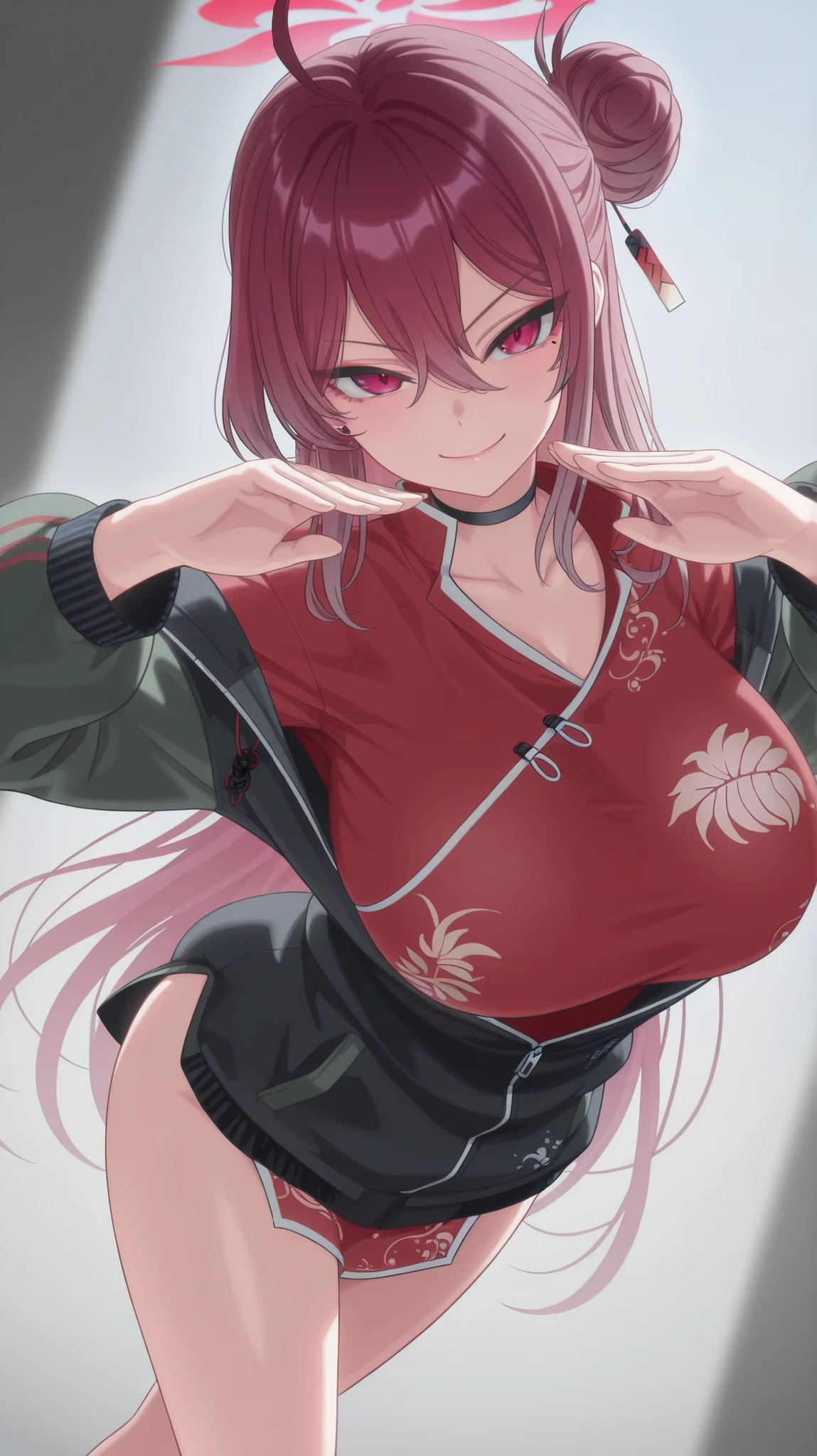 1 girl, Kayama Reijo ( Blue Archive ), smiling, happy, looking at viewer, masterpiece, best quality, high quality, smile, Ultra detailed, stunning visual cg, all body, dutch angle, bun, martial art pose, right arms