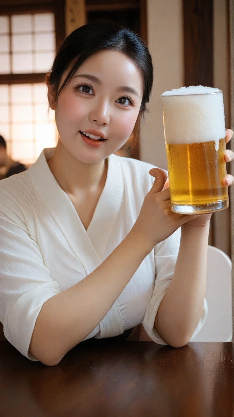 (high quality:1.2,Ultra-realistic) 、Detailed face、Detailed eyes、Beautiful Japanese Woman、22 years old、Black Hair,(Cleavage:1.2)、(breasts out),(nipples slip),The chest is on the table、ryokan, BREAK (wearing light pgray Japanese Checkered pattern yukata,obi),((ryokan yukata,onsen yukata)),Sitting at the table, (Big smile,Happy expression:Pure joy),she has (half updo hair) and、 (Holding a large beer mug on the table)、(no bra,braless:1.3),(blushing:1.5),(Glasses),