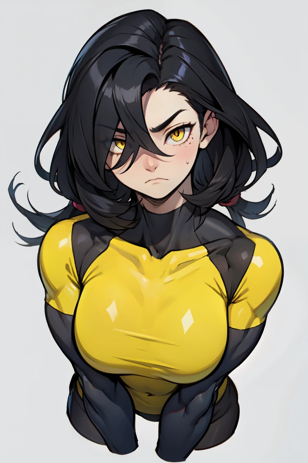 pale skin black hair yellow eyes muscular girl large breasts frown sad frown blush embarrassed
