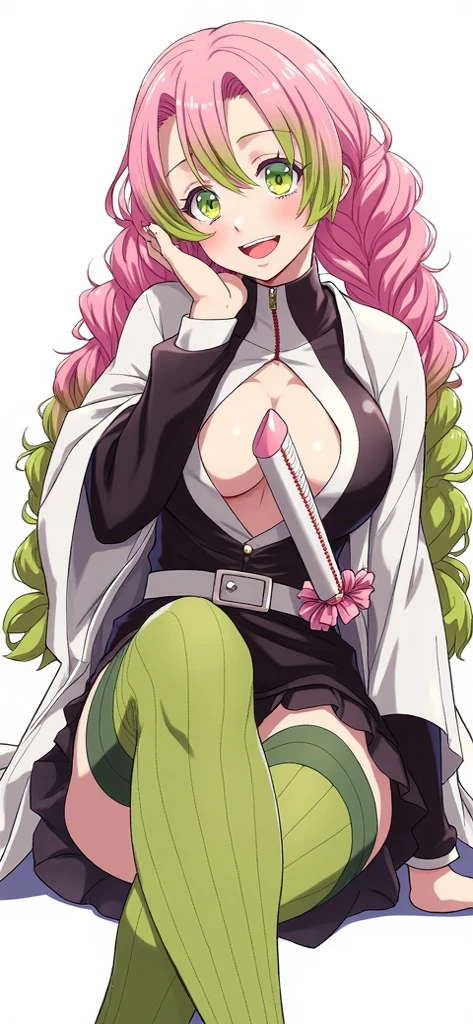 1girl, Mitsuri Kanroji, kimetsu no yaiba style, braid, anime coloring, japanese cloths, black skirt, green thighhighs, cleavage, (bouncing breasts:1.07), motion line, Motion Blur, open cloths, miniskirt. Holding a katana sword. She's looking directly at the camera with a (fierce, determined, serious) gaze. Her gaze is both alluring and fierce, as she holds the sword with a delicate yet deadly grip. She's standing in a defensive position. (Background: outdoors, night time, simple background, night sky, forest)
