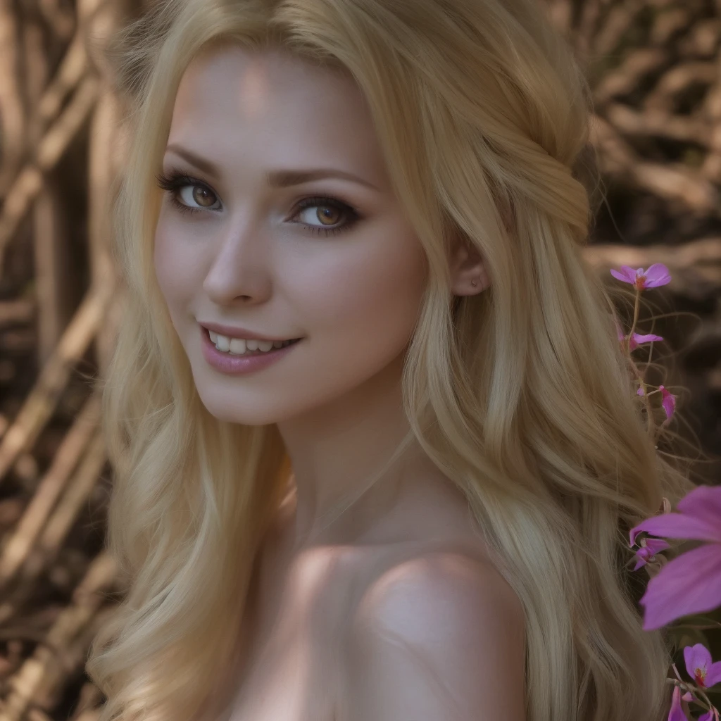 the overall theme and style should feel like. a hybrid of fairytale and Science Fiction. extremely beautiful model, female, long blonde hair, perky breasts, cleavage,, oppulentform fitting hooped skirt, red corset, large exagerated extravagant tiara. Wide Smile, Eyes Detailed & Wide, sexy Pose. Ultra HD, Rococo-Inspired Fantasy Art With Intricate Details. Cute, Charming Expression, Alluring-Gaze, looking at viewer Beautiful Eyes, An-Ideal-Figure. Large Youthful Well-Shaped-Breasts, Attractive ass showcased. Massive-Round-Bosom, Décolletage. slim waist, fit body, full lipsWarm lights , woman in a dreamy forest at night, with fluffy hair, delicate face, realistic, real, slim, large aperture, sexy shots, attractive poses,Stunnin gly beautiful merge of Miranda Cosgrove, lilly Collins, lAura Vandervoort. symmetrical face, photorealistic, photography, path tracing, specular lighting, volumetric face light, path traced hairmaximum quality{(masutepiece) (8K High Resolution) (top-quality)