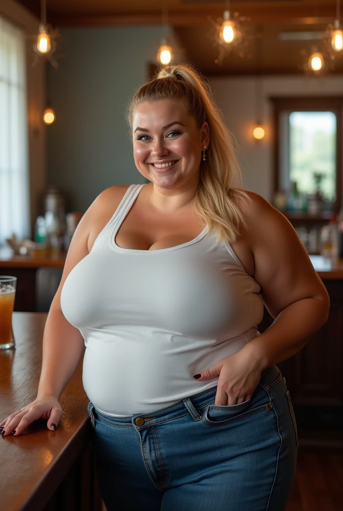 Fat woman, 40 years old white Caucasian wom inside bar having a drink, sitting down, long straight blonde hair, serious, chubby, bbw, casual, cleavage, big breasts
