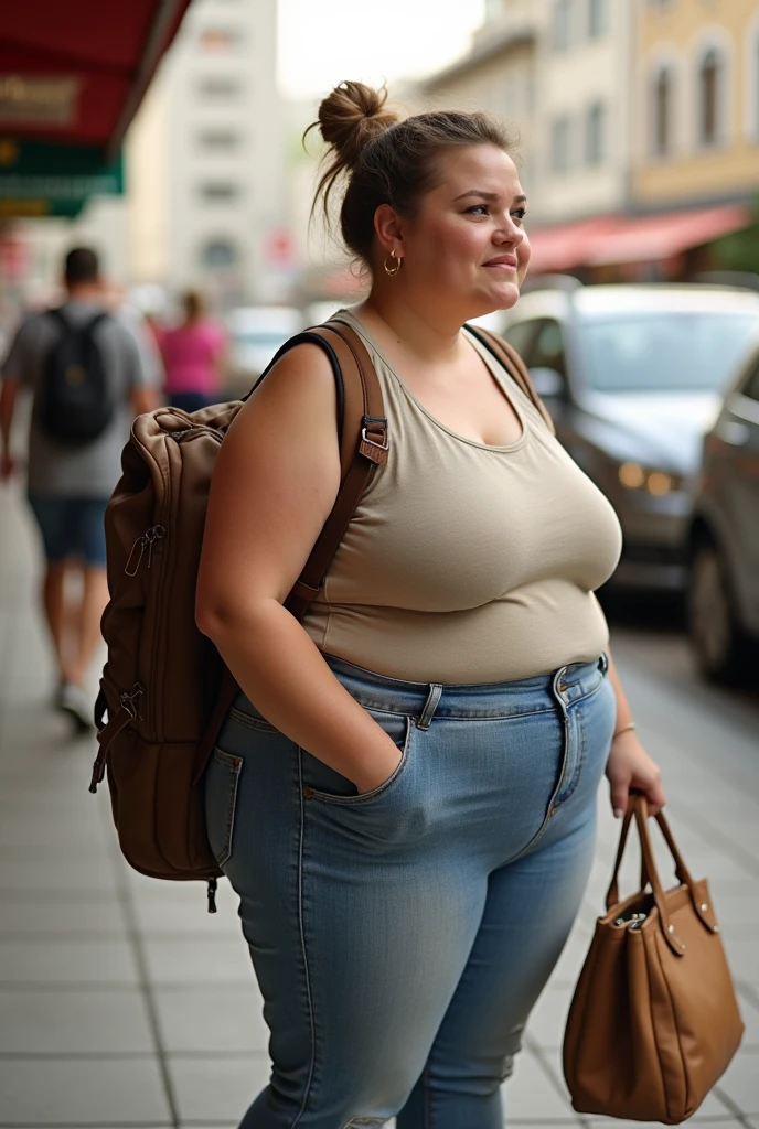 absurdres, absurd resolution, highres, high resolution, best quality, masterpiece, a fatgirl slutty white brunette woman waddling down the street, thick thighs, ((wide)), fatty, slob, lard ass, (brown bob cut), (clothed), ((ripped jeans)), biggest hips in the universe, small clothes, torn clothes, waddling, (waddling away), massive body, surprised expression, morbidly obese, (white, brunette, egirl), huge flabby belly, big saggy , detailed picture, creeper pic