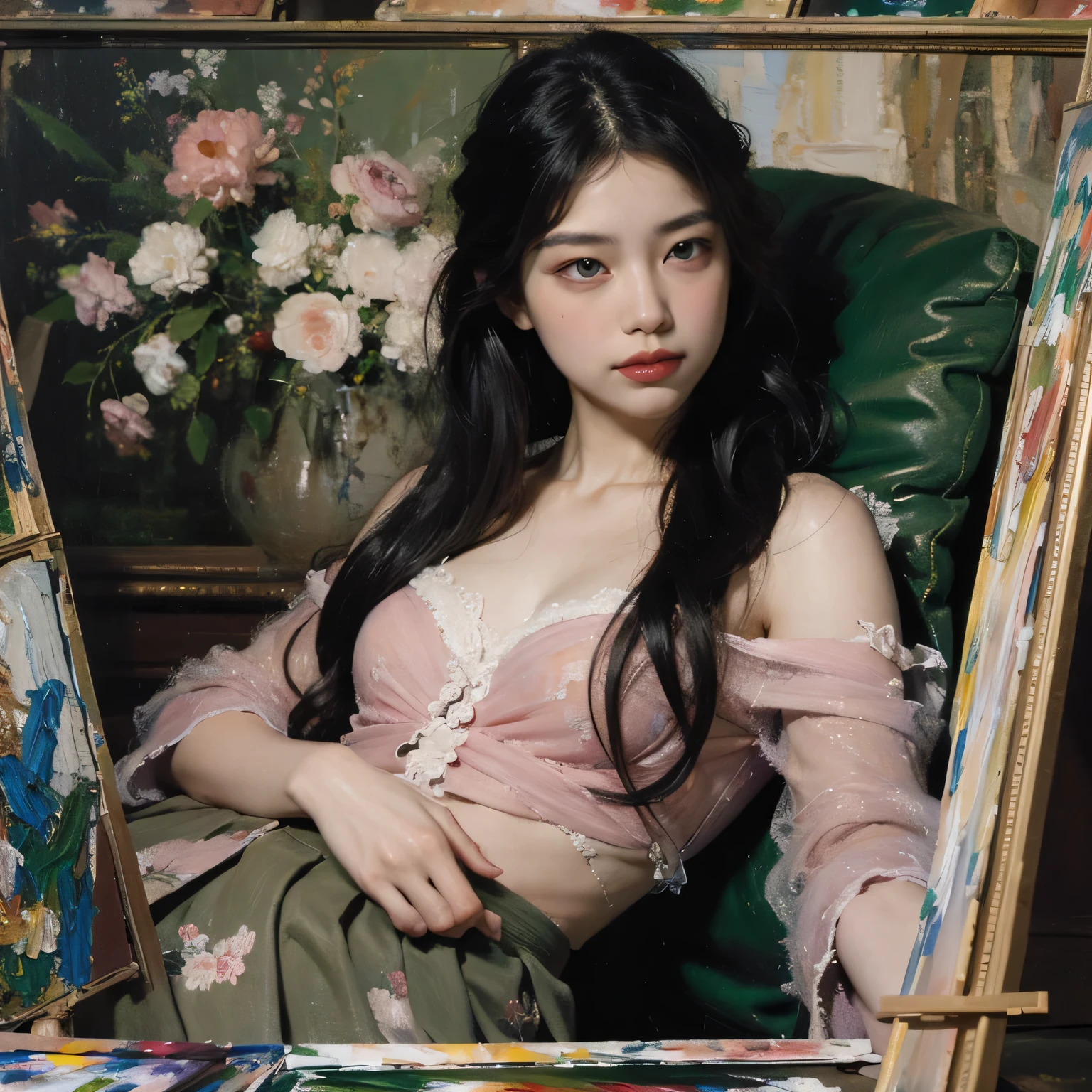 a close up of a woman with a flower crown on her head, asian features, jinyoung shin, inspired by Yanjun Cheng, traditional art, korean artist, gorgeous chinese model, yanjun chengt, fanart, by Ni Tian, beautiful south korean woman, official artwork, by Wu Bin, wenfei ye, popular south korean makeup, a young asian woman absolutely abstract Retro vintage art print, sexy, glamorous pin-up girl wearing a sailors hat, bikini, A painting of a woman wife ((golden ratio}} laying on the sofa after a long night on the town, a painting, a Beautiful expressive painting, malcolm liepke painting, glossy painting, beautiful digital painting, digital art painting, Fine paintings, monochromatic. malcolm liepke oil painting, impressionist painting.Spread your legs apart, beautiful and delicate face