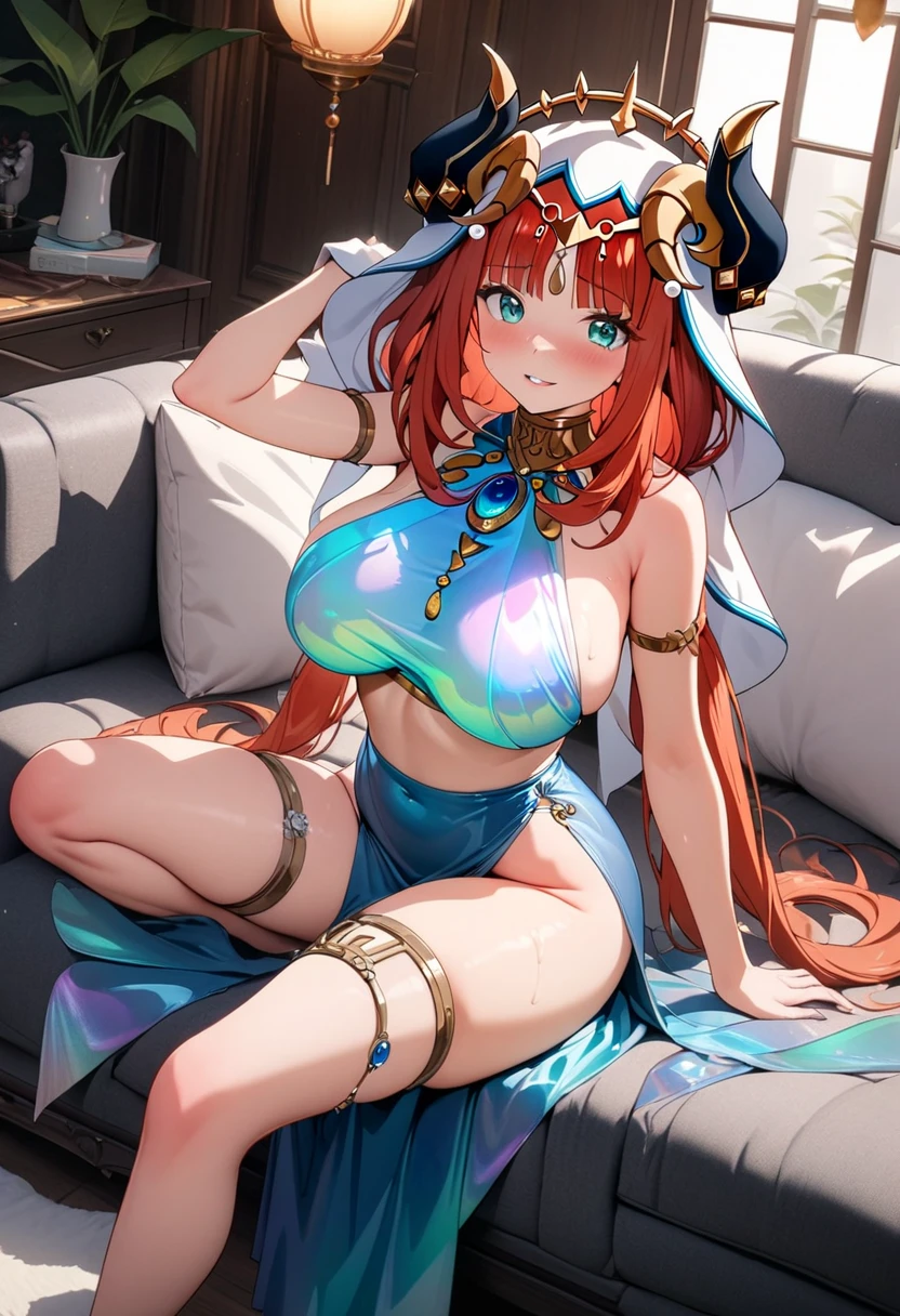 genshin_impact nilou_(breeze_of_sabaa)_(genshin_impact) nilou_(genshin_impact) absurdres commentary_request highres paid_reward_available partial_commentary 1girl aqua_eyes arm_up bare_legs blue_bow blue_bra blue_panties blue_sleeves blush bow bra breasts cleavage curtains flower hair_flower hair_ornament hand_on_own_stomach indoors large_breasts legs_up long_hair looking_at_viewer lying nail_polish navel on_back padisarah_flower panties parted_lips pink_nails purple_flower red_hair solo stomach toes underwear very_long_hair covered_nipples bouncing_breasts