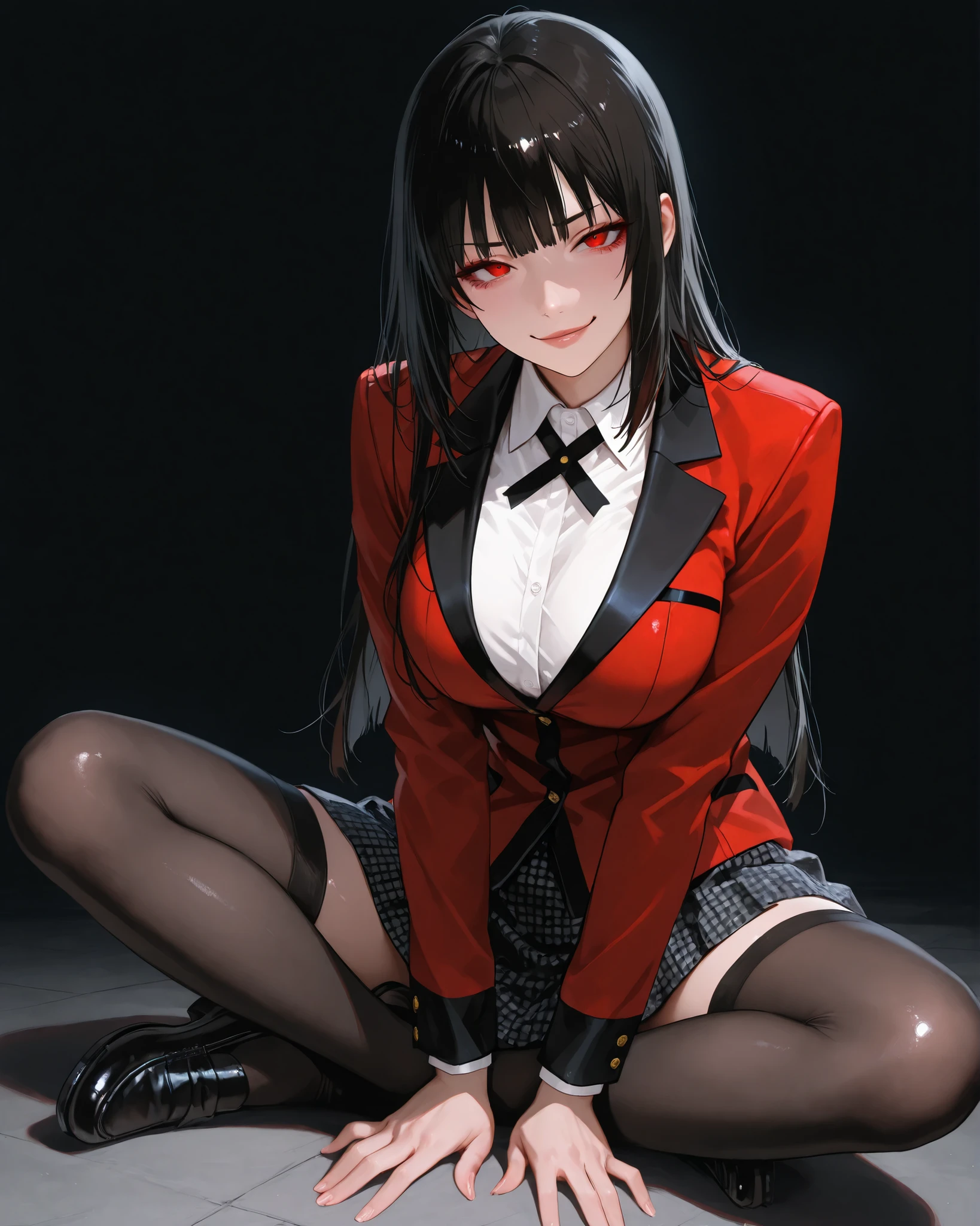 ((Biologically correct limb count)),(( From head to toe,Full-body photo including face)),4K,((Standing position)),masterpiece,((Focus on the face)),((Symmetrical facial features)),Eyes with detailed description,Beautiful woman,Great style,Beautiful arms,Beautiful legs,Beautiful Hands,(Small Ass,Thin thighs),Facial detailing,Small earrings,necklace,(Red and black patent leather blazer,Checked mini skirt((Black high heels,Black patterned stockings))),Realistic photo,Stand at an angle,Low angle photo