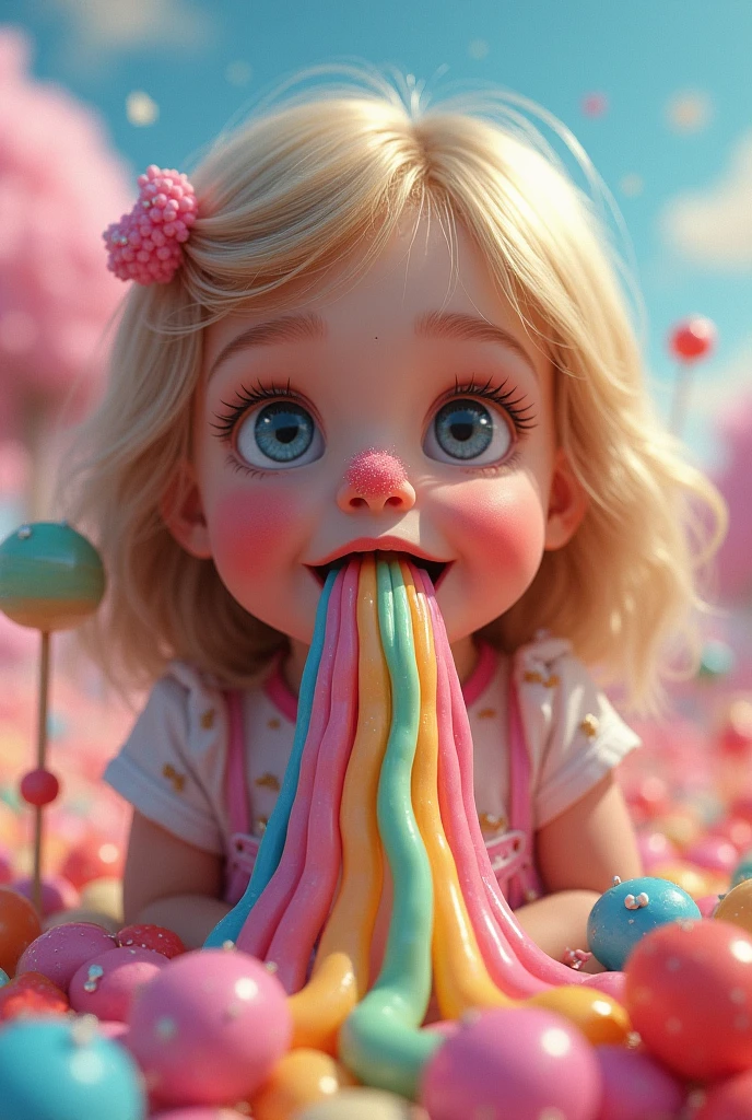 Aerial perspective Of a girl like as character from fairytales, two Braids, big perfect eyes, detailed skin, between walls of sweets, candies, cakes, pieces of cake and other confections, by (john Wilhelm:1.36)
