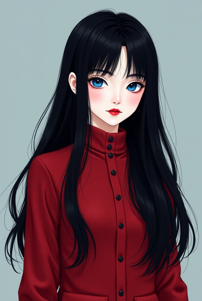 a beautiful young woman with long,flowing black hair standing in a city street, her arms behind her back, wearing a long black skirt and a red coat, with highly detailed and realistic facial features, masterpiece, 8k, photorealistic, professional, vivid colors, sharp focus, physically-based rendering, extremely detailed description