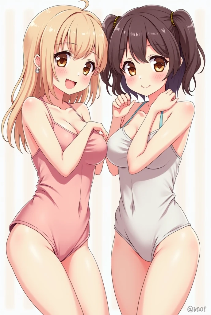 (1 girl: 1.3), (Chico: 1.3), (standing together: 1.3), (large eyes: 1.2), Photorealistic, blonde anime girl with long hair, (brunette Chico anime with short hair: 1.5), soft anime cg art, 8k animation art wallpaper, 4k funny wallpaper, (big tits: 1.3), (big tits: 1.3), (nude: 1.3)