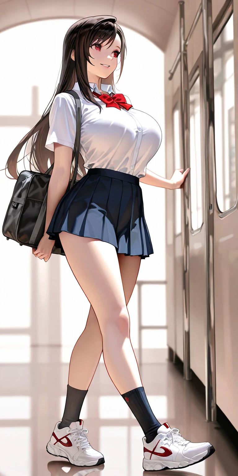 (masutepiece, Best Quality:1.2)、realisticlying、Cute、kawaii、digitalart、Innocent 18 year old girl、(Girl on a crowded train)、(Stand at the door)、(Girl looking out the door backwards)、(Hands on the window glass)、huge tit、Plump、serafuku、sailor dress、sailor uniform、Navy blue pleated mini skirt、white panties、(white socklack loaferlack school bag on the floor、Brown hair、voluminous straight long hair、shinny hair、(backs)、(View from behind)、full bodyesbian、(from below:1.4)、ass focus、(panty shot)、looking away、Curiosity々Smile at