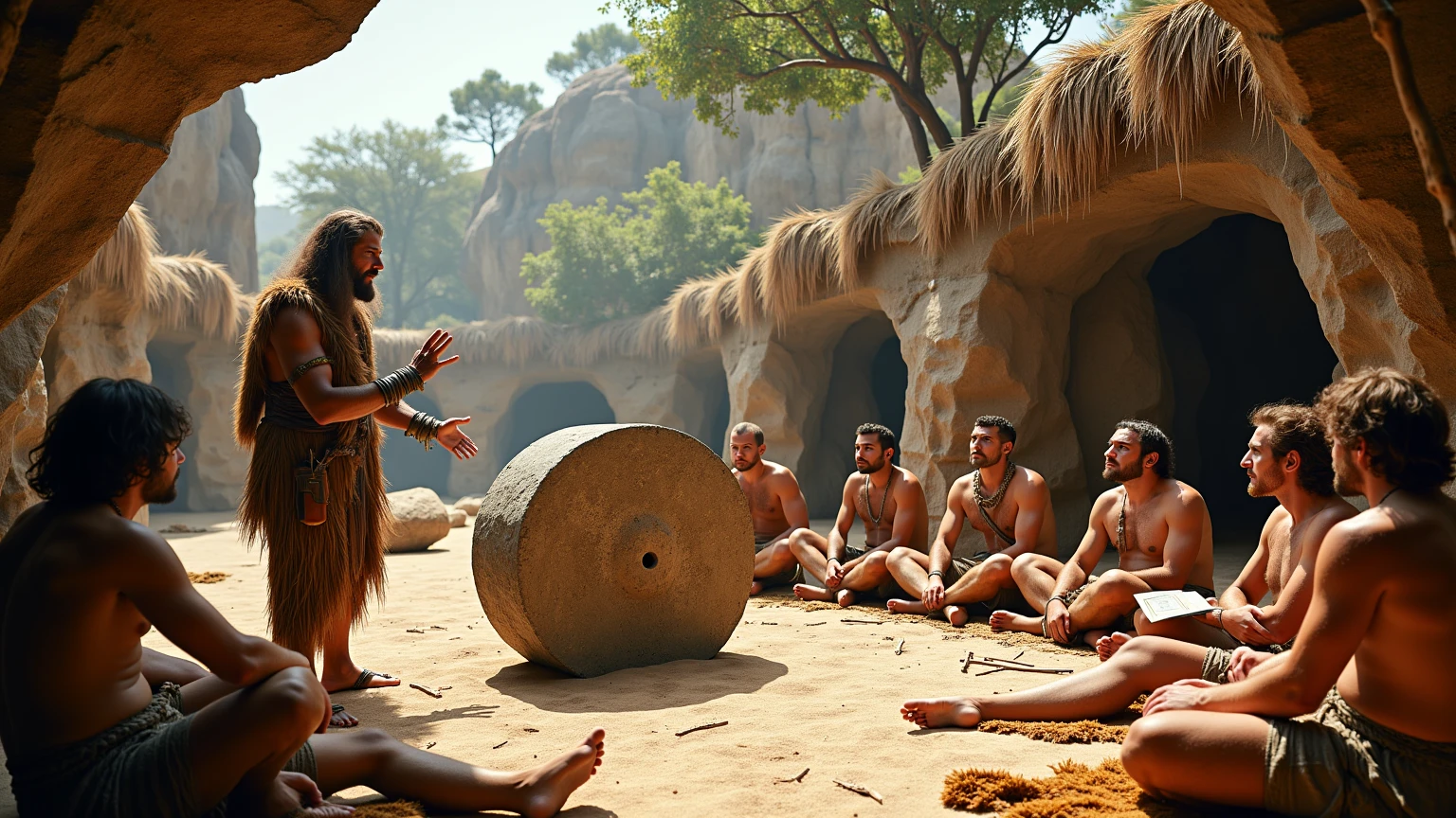 in a plantation environment, Cave man and woman are living together in one civilization,com suas familias
