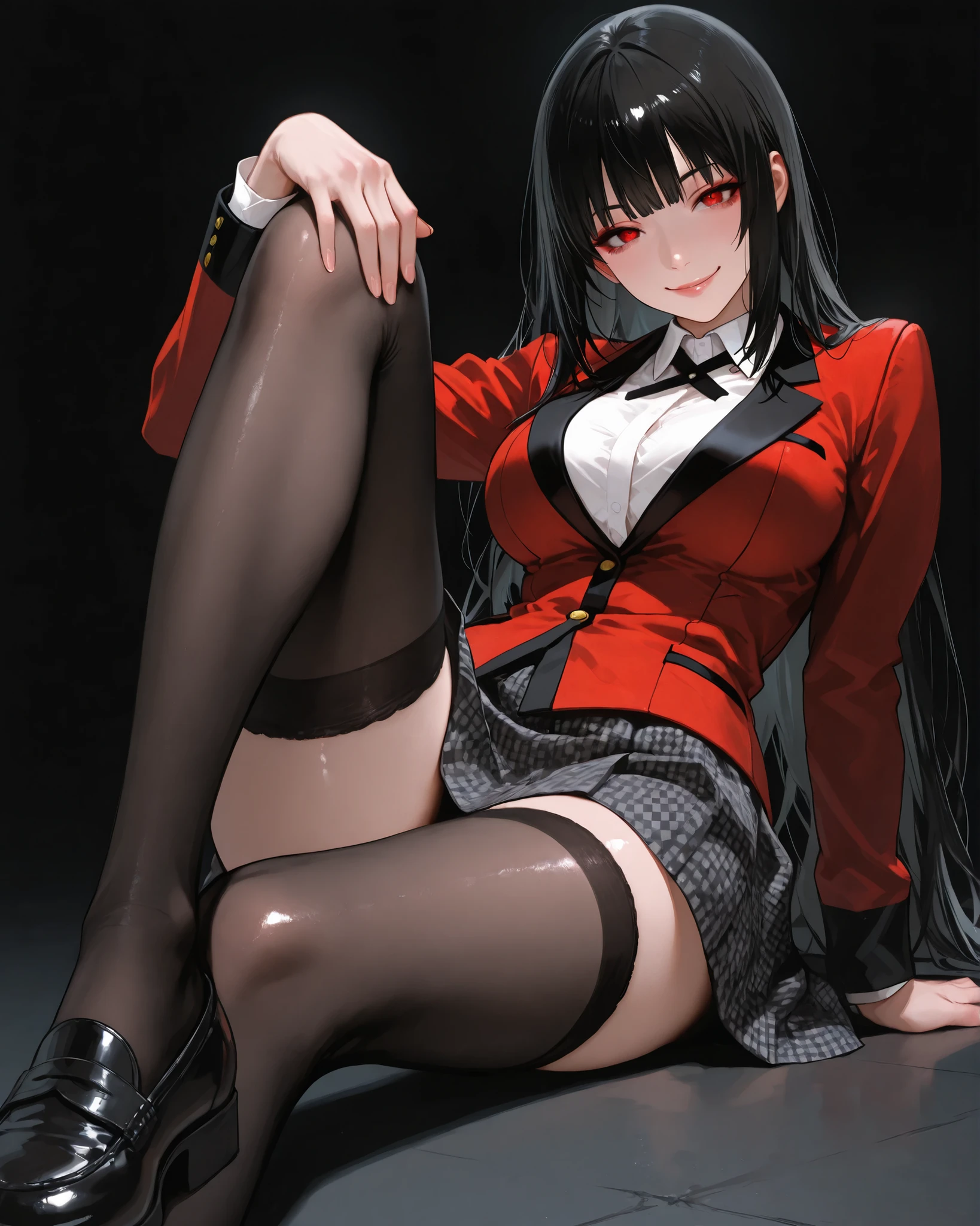 ((taken from the down)), suzunehorikita, suzune horikita, sit on bed, black hair, braid, long hair, (purple eyes:1.1), BREAK advanced nurturing high school uniform, black thighhighs, blazer, bow, bowtie, buttons, jacket, long sleeves, pleated skirt, school uniform, weat, thin, thighhighs, white skirt, zettai ryouiki, (red blazer:1.5), (tilting your head:1.1),(with spreading legs:1.4),(Hands behind your back:1.3),(I can see panties:1.5), BREAK looking at viewer, full body, BREAK indoors, classroom, BREAK (masterpiece:1.2), best quality, high resolution, unity 8k wallpaper, (illustration:0.8), (beautiful detailed eyes:1.6), extremely detailed face, perfect lighting, extremely detailed CG, (perfect hands, perfect anatomy)