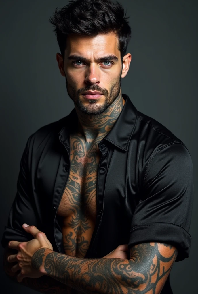 Muscular athletic Italian 20 year old guy with broad shoulders and short black hair, Vintage Vogue, Black and White Photography, Retro Glamour, Classic Fashion, High Contrast, Sophisticated Poses, Vintage Props, Soft Lighting, Film Grain, Timeless Elegance, Tattoos, Edgy, Modern, red shirt