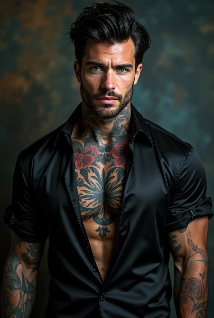 ((best quality)), ((masterpiece)), (detailed), perfect face a man with hair slicked back like those American cuts from the 80s you know, Elvis type, with an X-shaped scar on his face in the region between his eyes and black eyes with a white iris, he is standing shirtless with a white jacket on his shoulders and colorful tattoos on both forearms, and the pants are also white