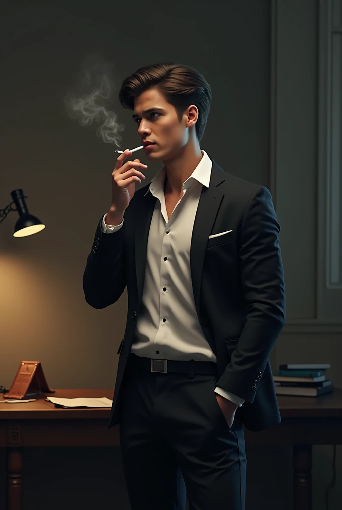 6'7ft tall, white clear skin, Muscular, Sharp and Daddy features, Male model body, Blue icy cold eyes, Menacing straight face, Blonde messy korean style hair, wears black suits, a cigarette in his mouth smoking, and a gun in his hand, A very VERY sexy hot man, A mafia boss