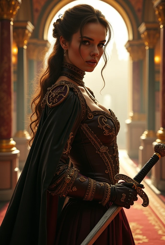 A fierce and beautiful elven warrior stands confidently in a grand hall. She has long, wavy brown hair and pointed ears, highlighting her elven heritage. Her attire is a striking combination of a red corset with black lace details and golden armor pieces. She holds a staff with a glowing golden tip, emphasizing her strength and authority. The background is dimly lit, adding to the dramatic and regal atmosphere.A stunningly beautiful woman with long, flowing purple hair stands in an opulent, golden hall. She wears a luxurious black corset with intricate lace details and gold accents. Her outfit is elegant and revealing, with a fan adorned with golden decorations in her hand. She exudes an air of regality and confidence, complemented by her ornate golden crown.